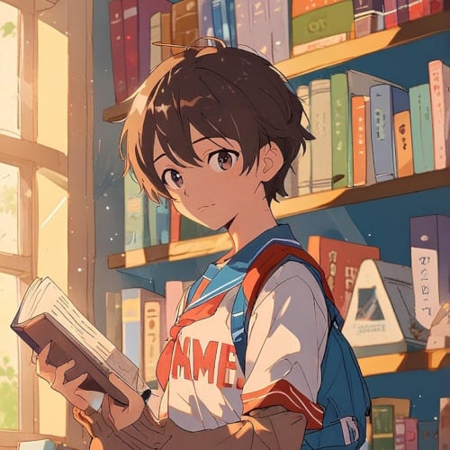 adolescent lisant devant des étagères de livres