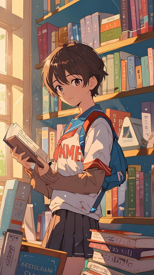 Ado lisant devant une bibliotheque